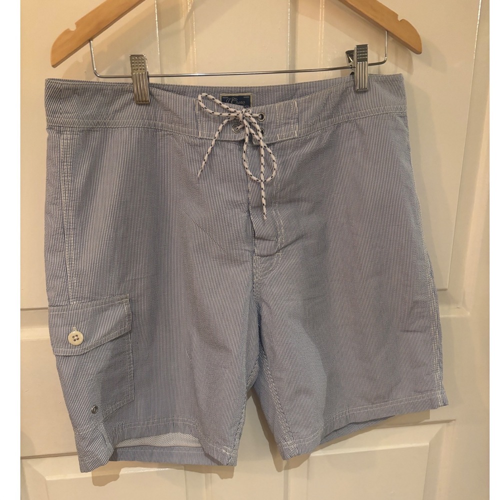 J.Crew Mens Seersucker Board Shorts Blue White Striped Swim Trunks Size 33